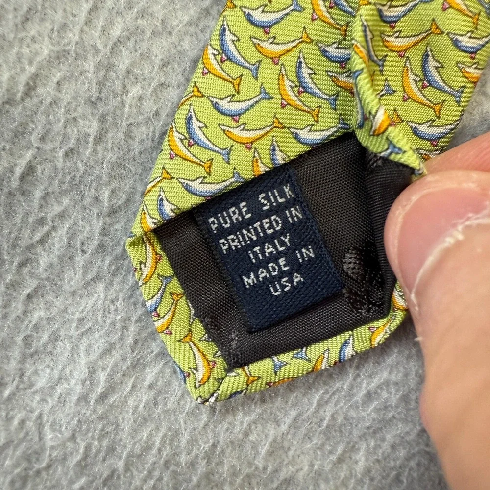 Brooks Brothers‎ Makers Tie Green Yellowish Dolphin Geometric Silk Beach Necktie